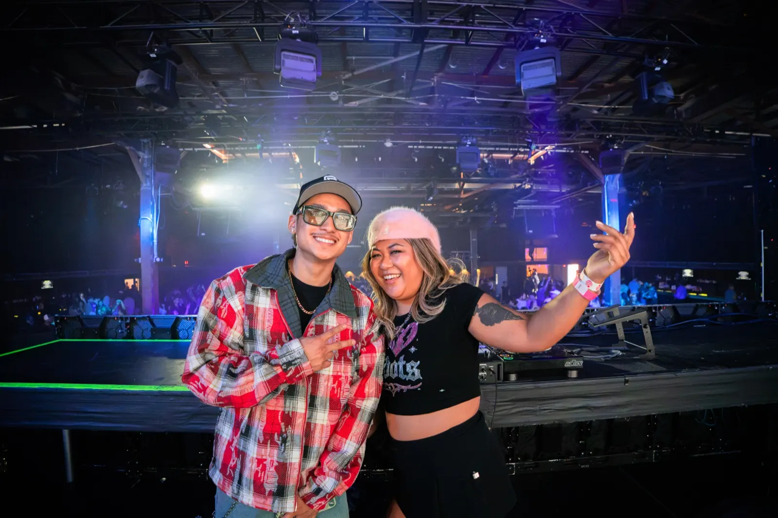 DJ Trixy with a fellow DJ on stage at The Midway